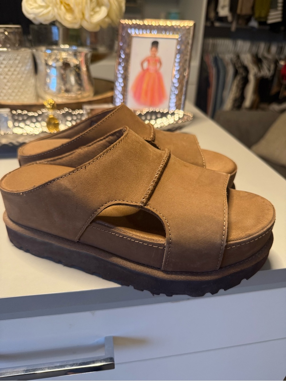 UGG Brown Suede Platform Slide Clogs